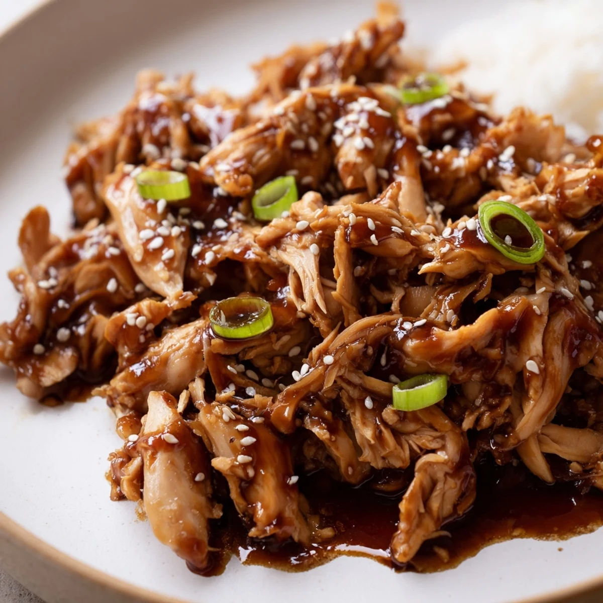 Rich slow cooker Mongolian chicken plated on rice with vibrant green onion garnish and toasted sesame seed sprinkle