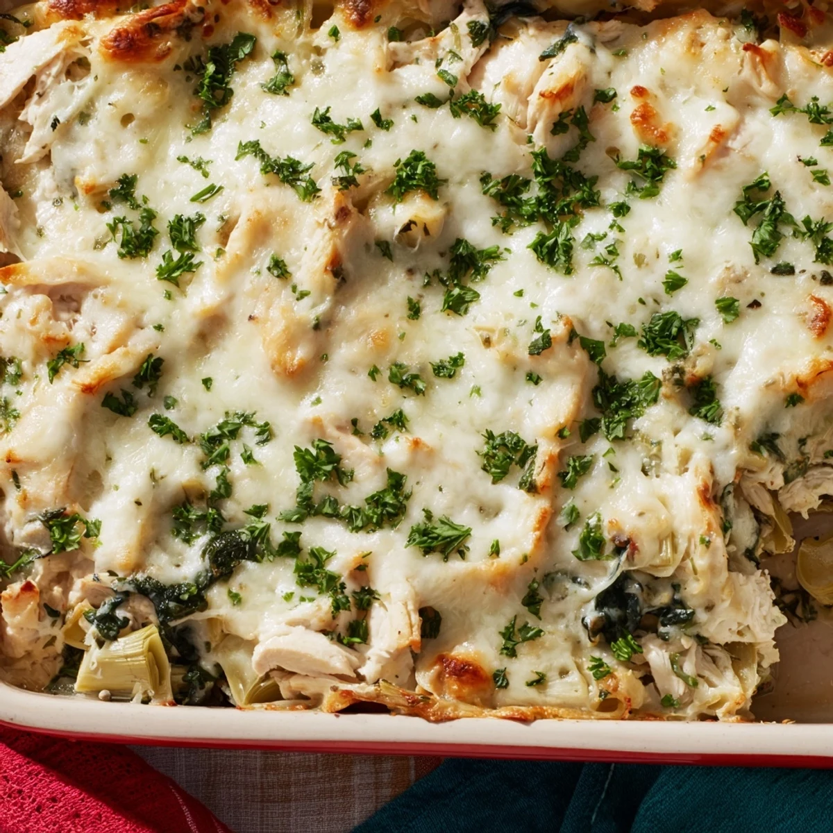 Creamy high protein spinach and artichoke chicken casserole served in a white baking dish