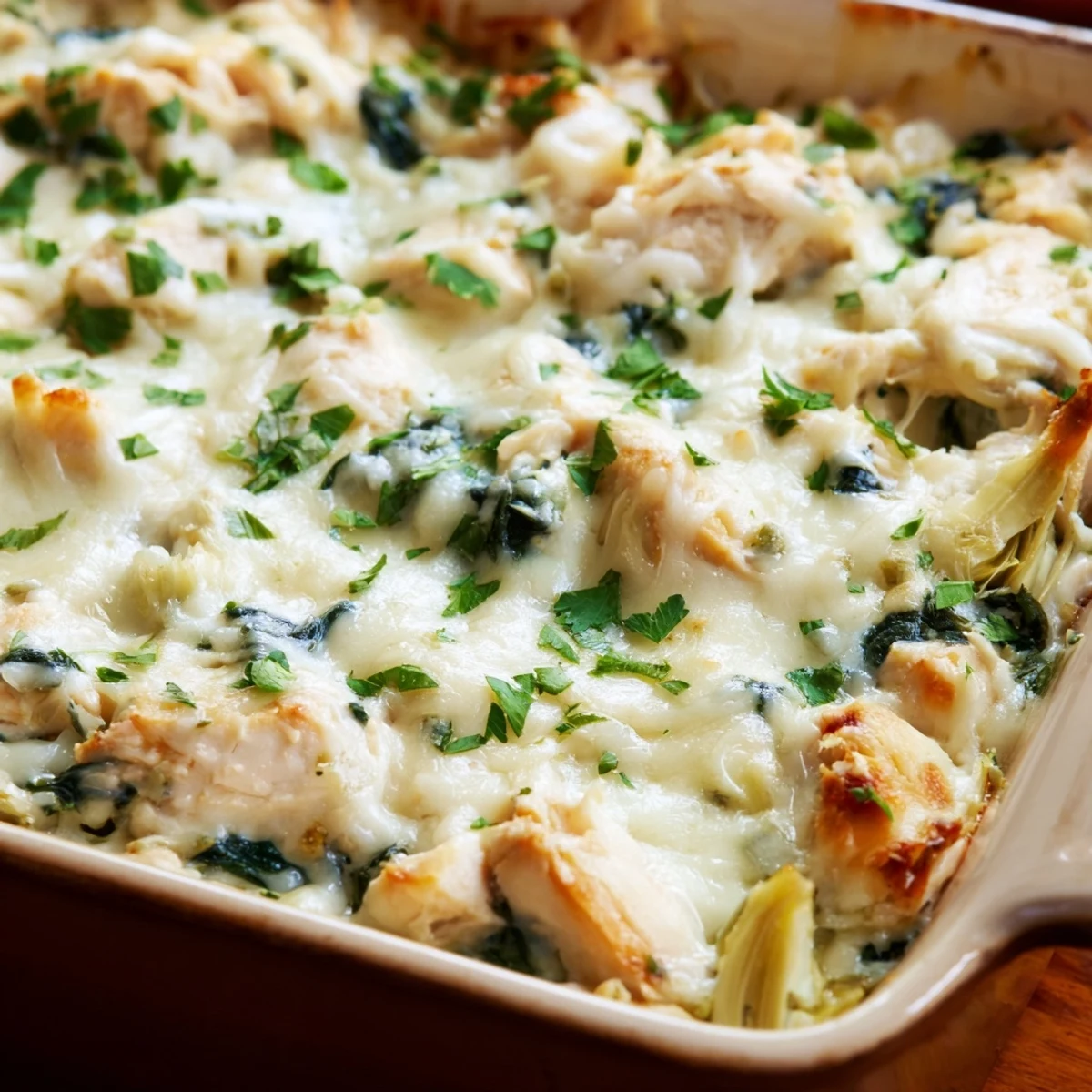 Hearty chicken casserole with wilted spinach artichoke hearts and golden brown mozzarella cheese layer