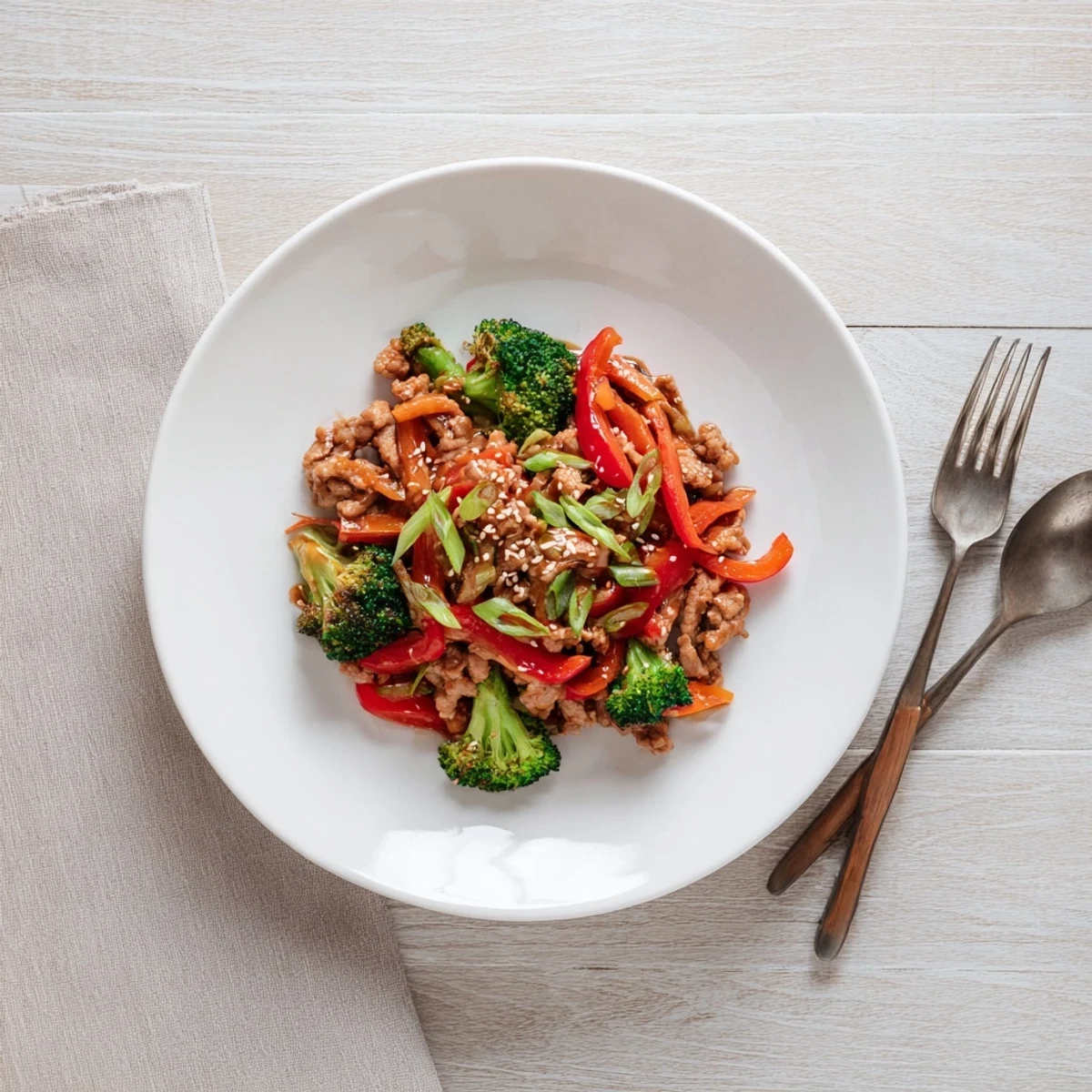 Golden brown ground turkey stir fry with broccoli in a savory glistening sauce