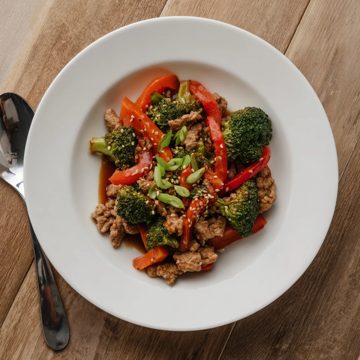 Healthy ground turkey stir fry with broccoli coated in thick Asian-style soy glaze