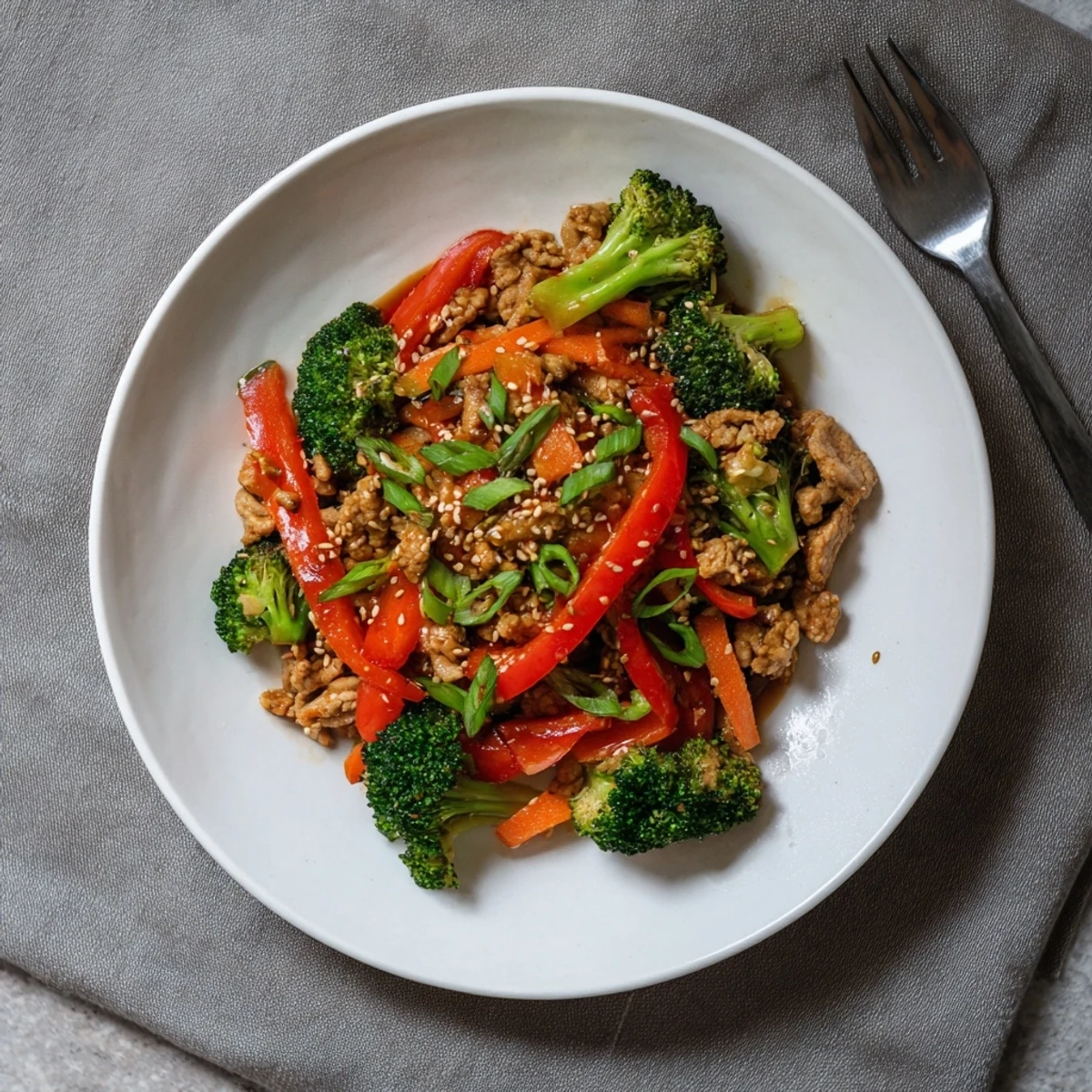 Colorful ground turkey stir fry with broccoli featuring crisp red pepper and carrot slices
