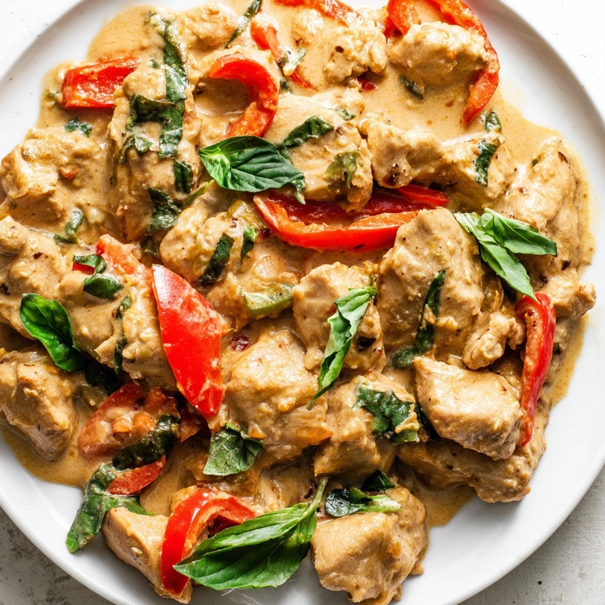 Golden chicken pieces simmer in rich coconut curry sauce with colorful bell pepper slices and fresh basil garnish