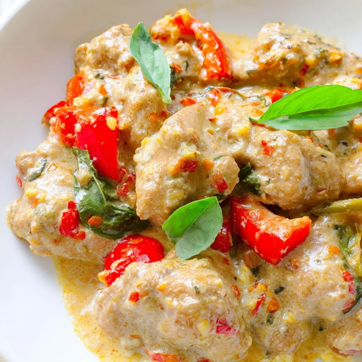 Creamy basil chicken in coconut curry served over fluffy white jasmine rice with vibrant red and green peppers