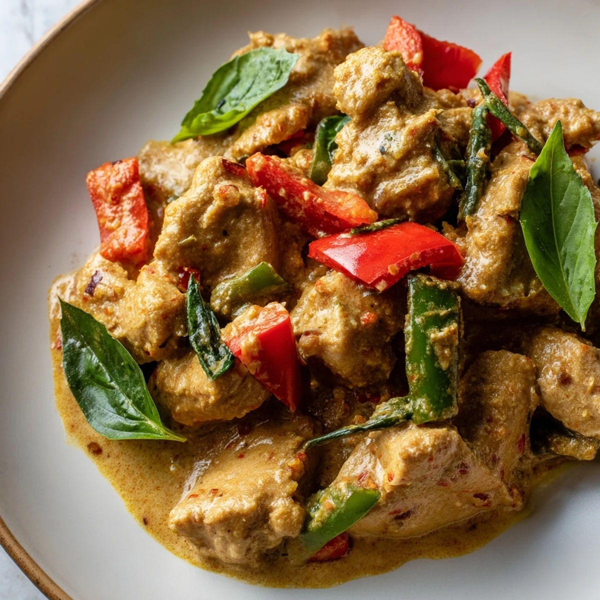 Steaming bowl of Thai-style basil chicken curry featuring tender meat swimming in luscious coconut milk with aromatic herbs