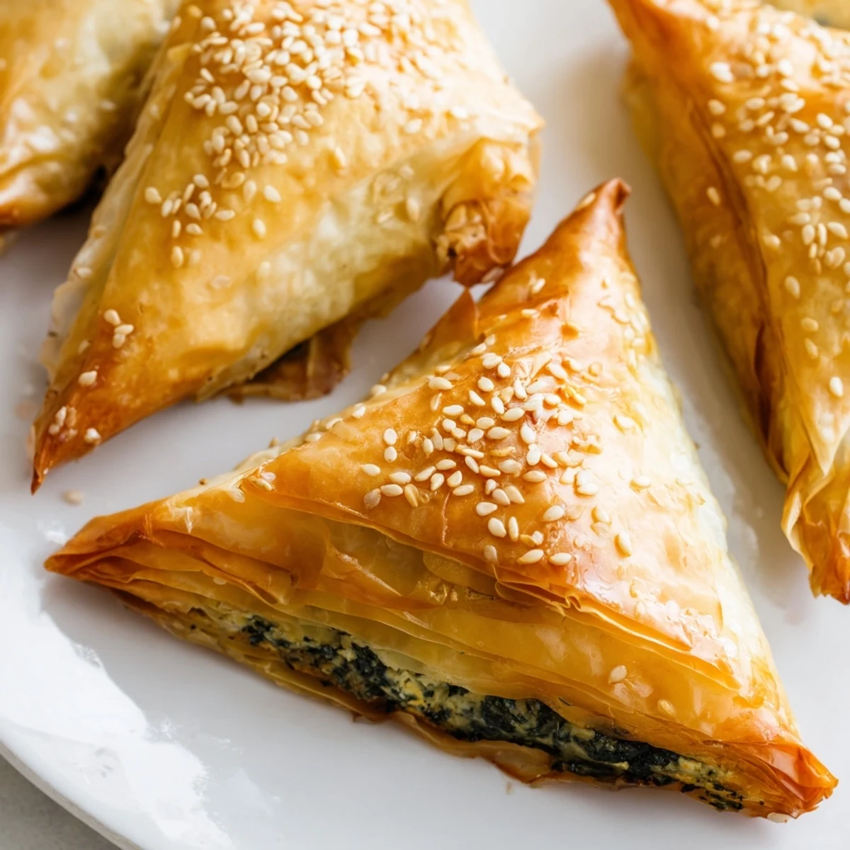 Golden baked Mediterranean spinach and feta crisps arranged on a white serving platter