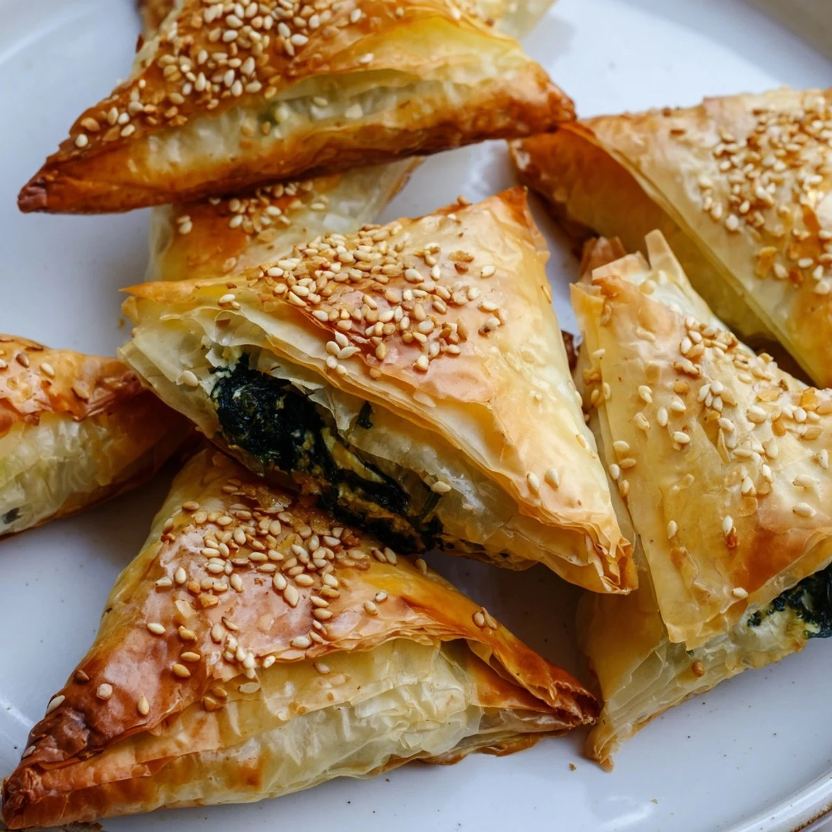 Flaky phyllo parcels stuffed with savory spinach feta mixture fresh from the oven