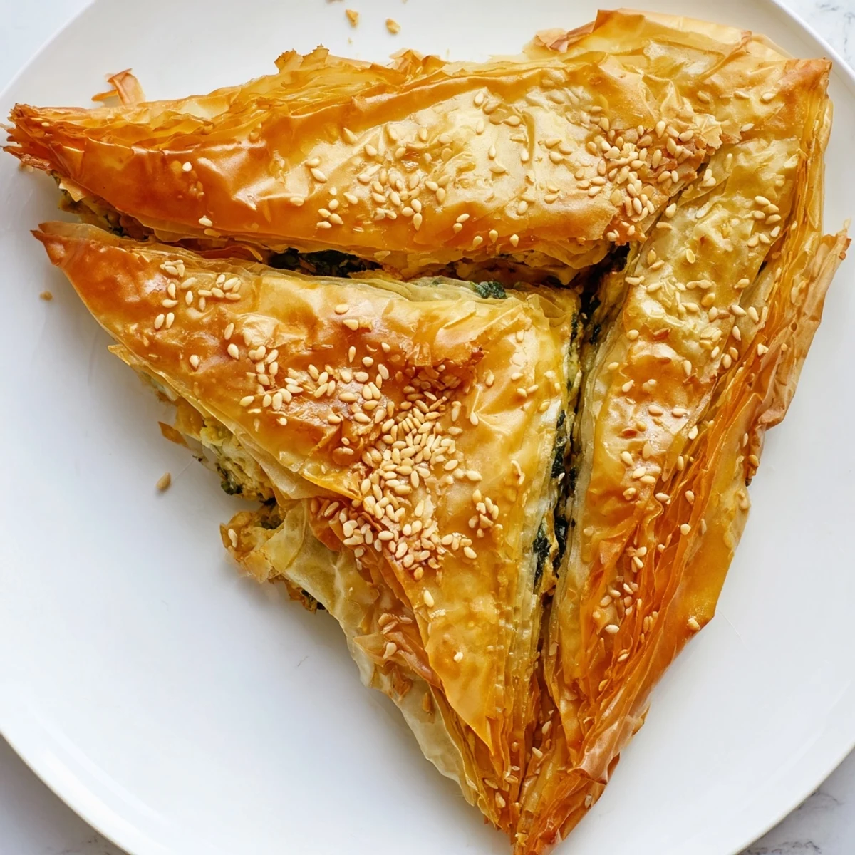 Crispy triangular appetizers filled with creamy feta and herbs sprinkled with sesame seeds