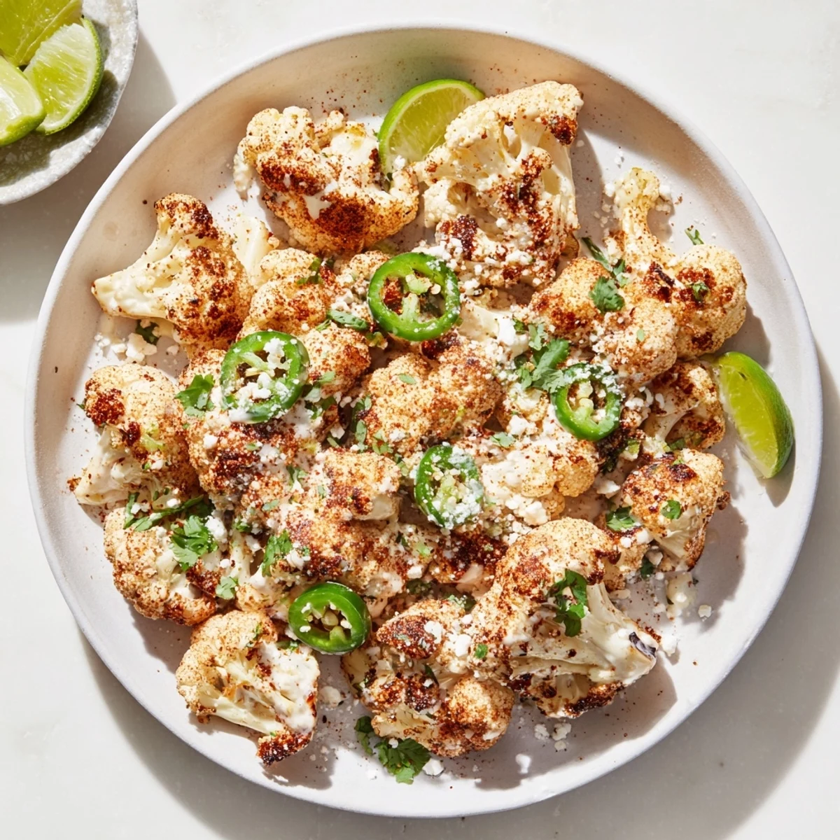 Golden roasted cauliflower elote coated in creamy lime sauce and topped with crumbled cotija cheese and fresh cilantro