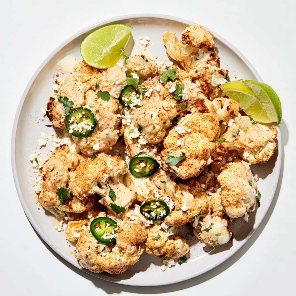 Vibrant cauliflower elote plated with zesty crema cheese crumbles and sliced jalapeño garnish