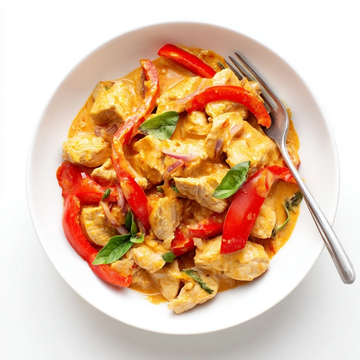 Golden basil chicken pieces swimming in rich coconut curry sauce with fresh green basil garnish