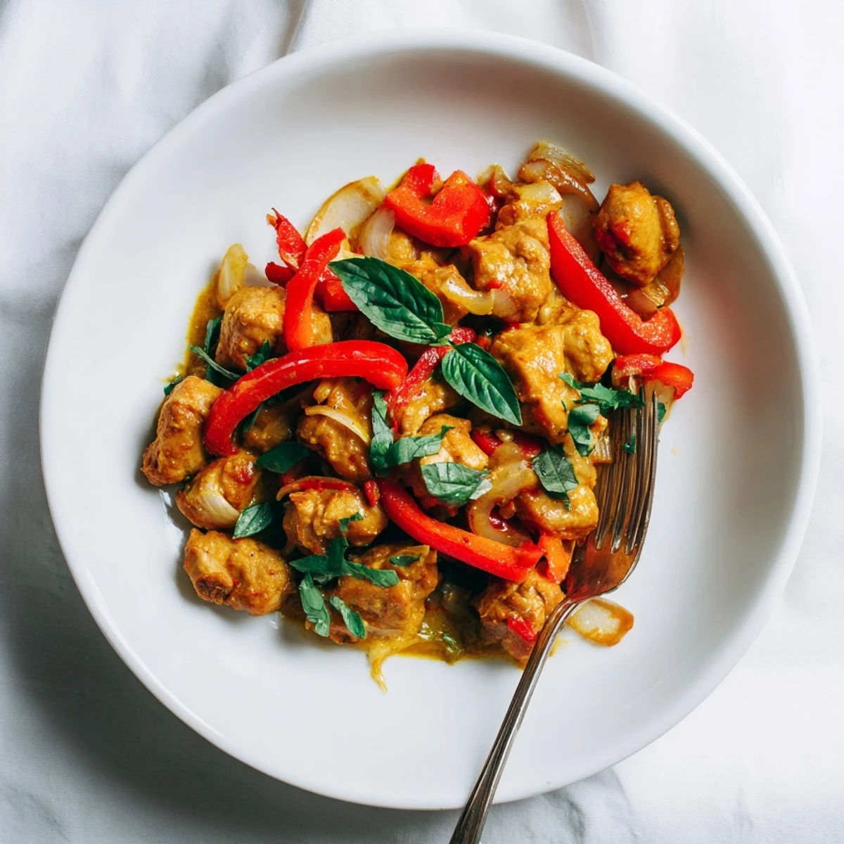 Creamy Thai-style basil chicken with coconut curry served over white rice in a bowl