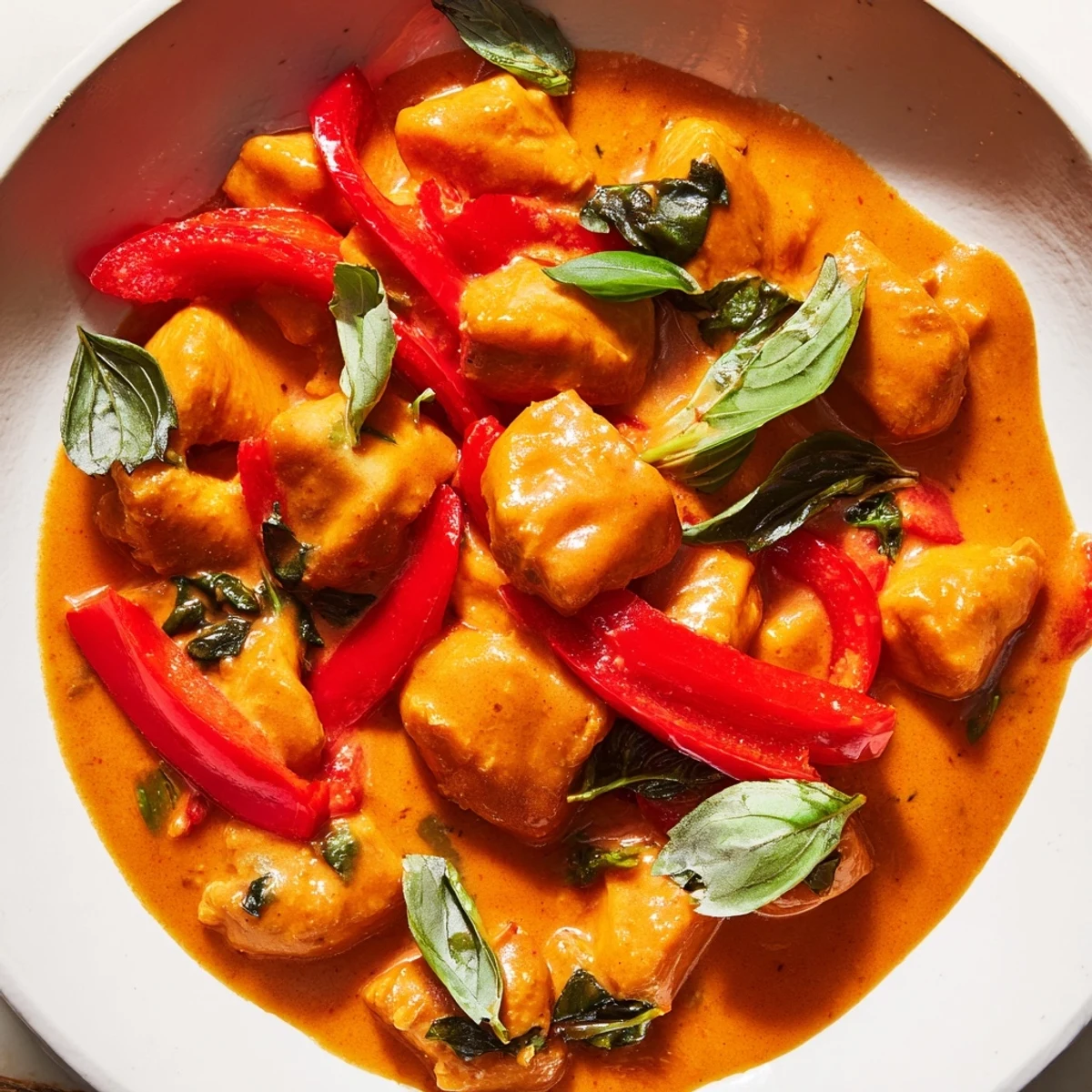 Golden chicken pieces simmered in creamy coconut curry sauce with fresh basil leaves