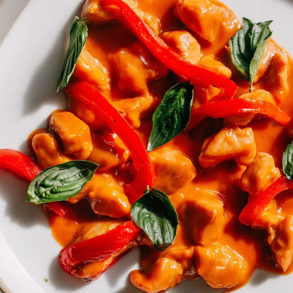 Savory Thai-style coconut curry chicken garnished with torn fresh basil and lime wedges