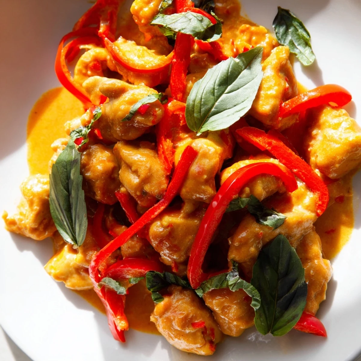 Tender basil chicken breast plated over steamed jasmine rice with vibrant red pepper slices