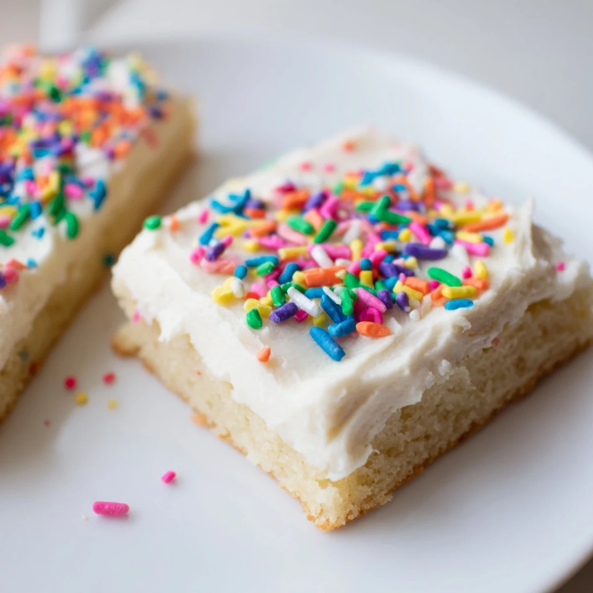 Soft baked sugar cookie bars topped with creamy white vanilla frosting and colorful sprinkles