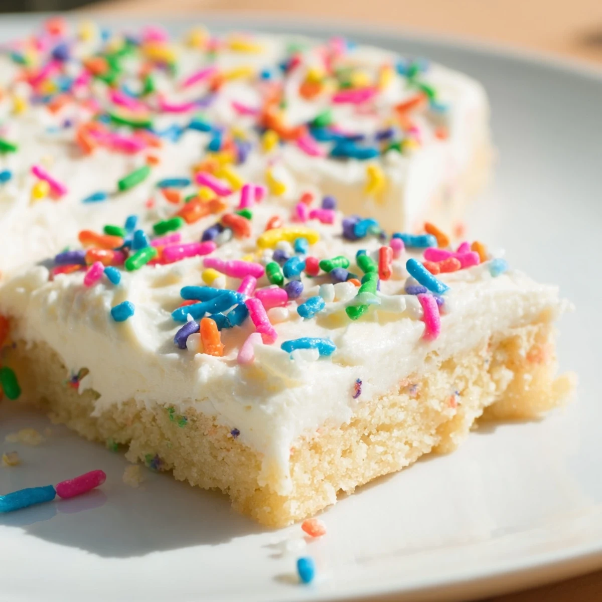 Freshly baked sugar cookie bars with thick vanilla glaze and festive rainbow sprinkles decoration