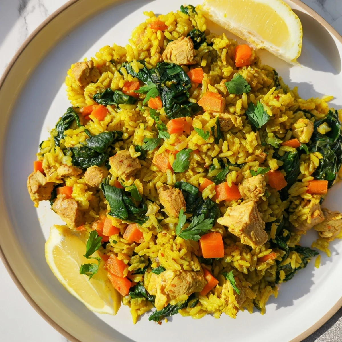Golden anti-inflammatory turmeric chicken rice served in a white bowl garnished with fresh cilantro