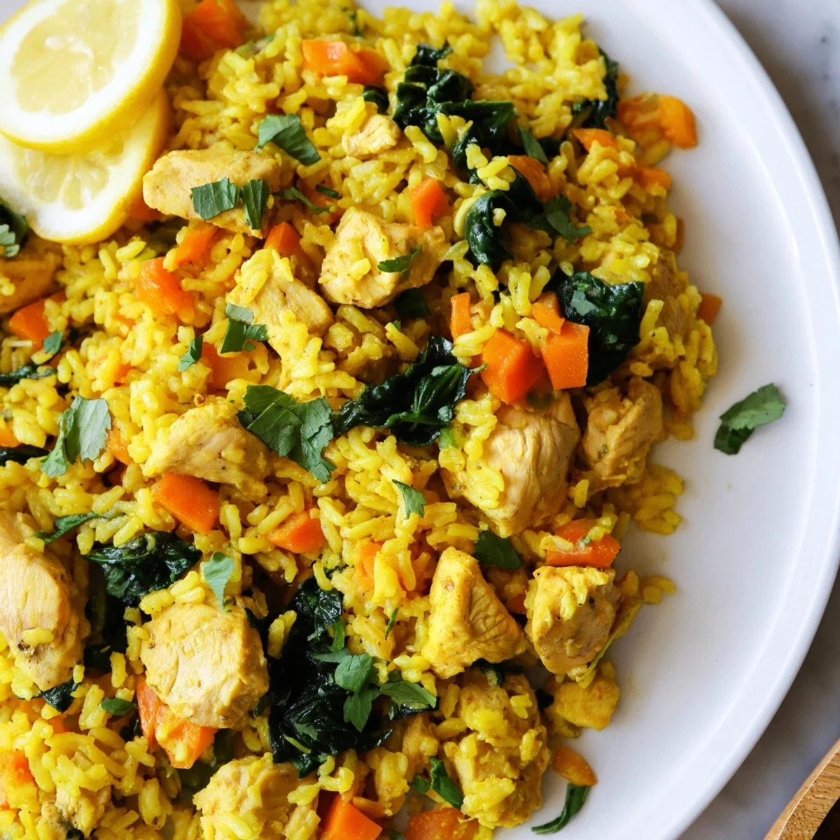 Fluffy anti-inflammatory turmeric chicken rice plated with lemon wedges and vibrant green spinach