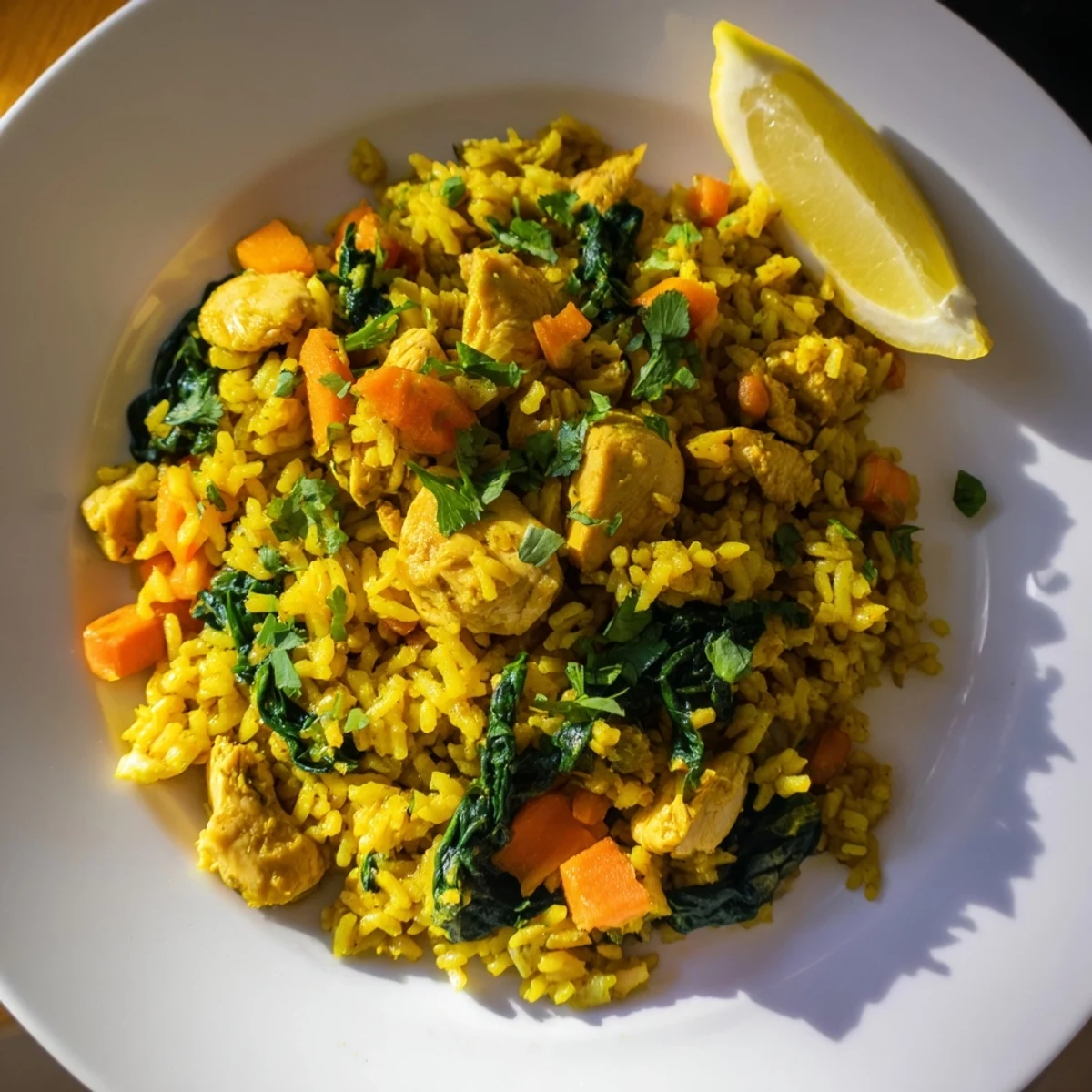 One-pot turmeric chicken rice featuring tender chicken pieces mixed with bright yellow seasoned grains