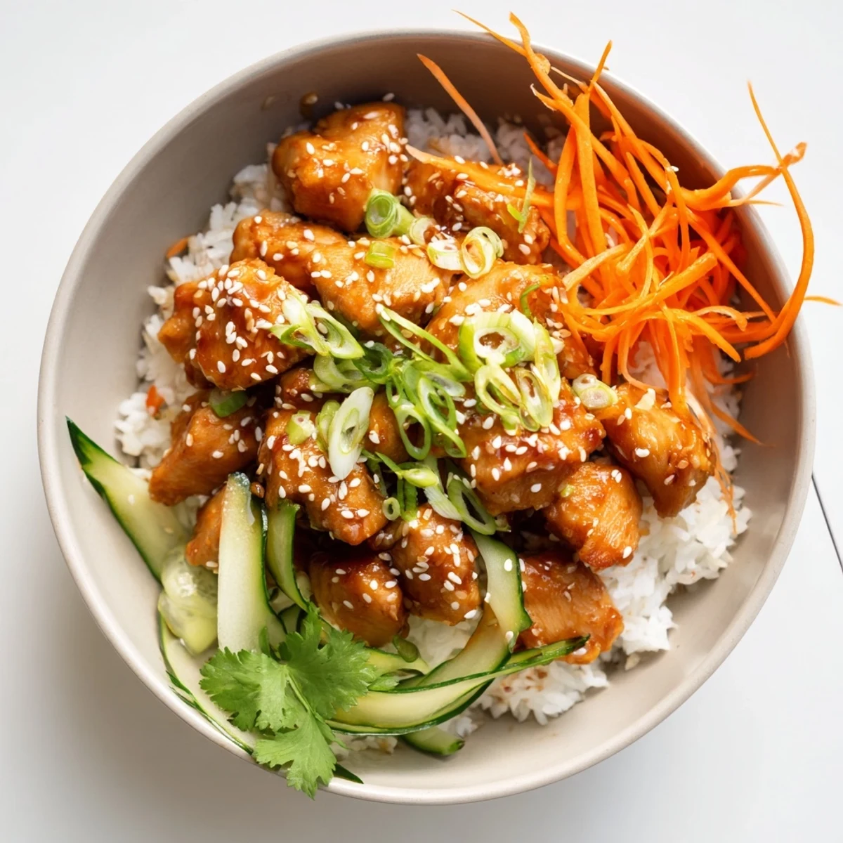 Golden glazed sticky chicken bowls with tender meat over white rice and colorful fresh vegetables