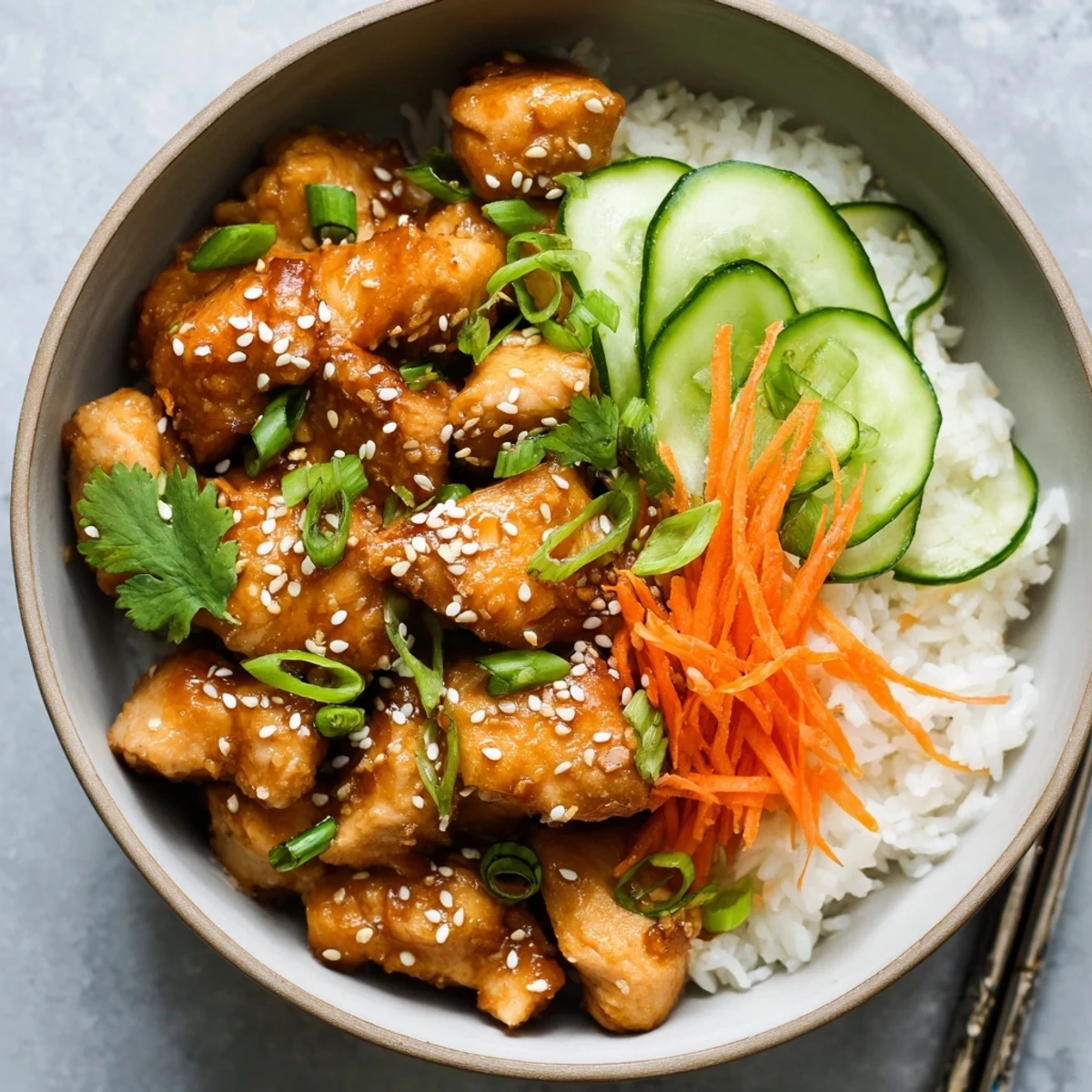 Savory sweet sticky chicken bowls arranged with rice, carrots, cucumber, and crunchy sesame seed topping