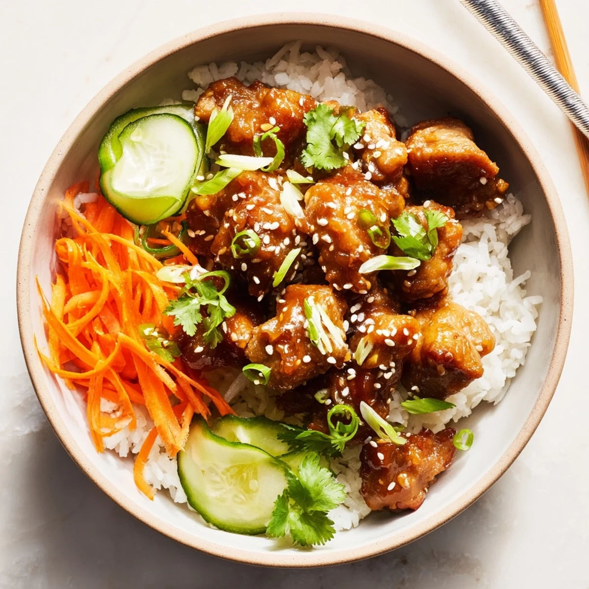 Asian-inspired sticky chicken bowls featuring honey glazed chicken atop fluffy rice with crisp cucumber and carrots