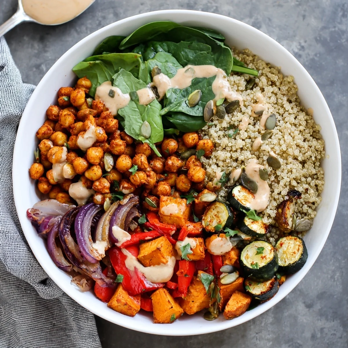 Vibrant roasted chickpea and veggie bowl featuring crisp sweet potato peppers zucchini and nutty tahini dressing