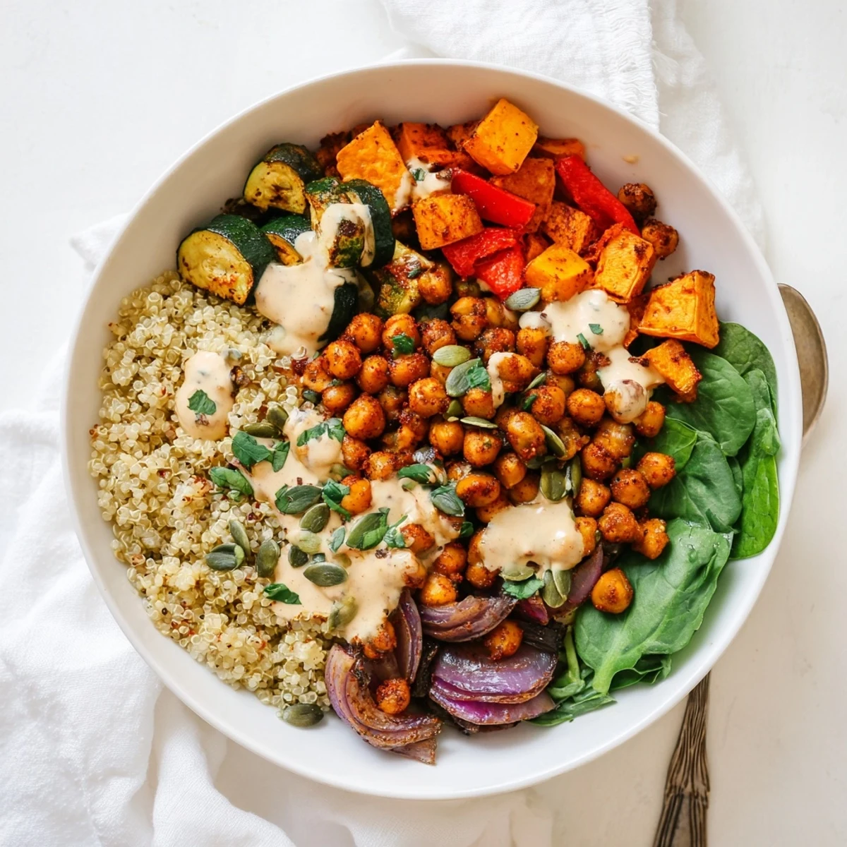Golden roasted chickpeas and colorful Mediterranean vegetables served over fluffy quinoa with creamy tahini drizzle