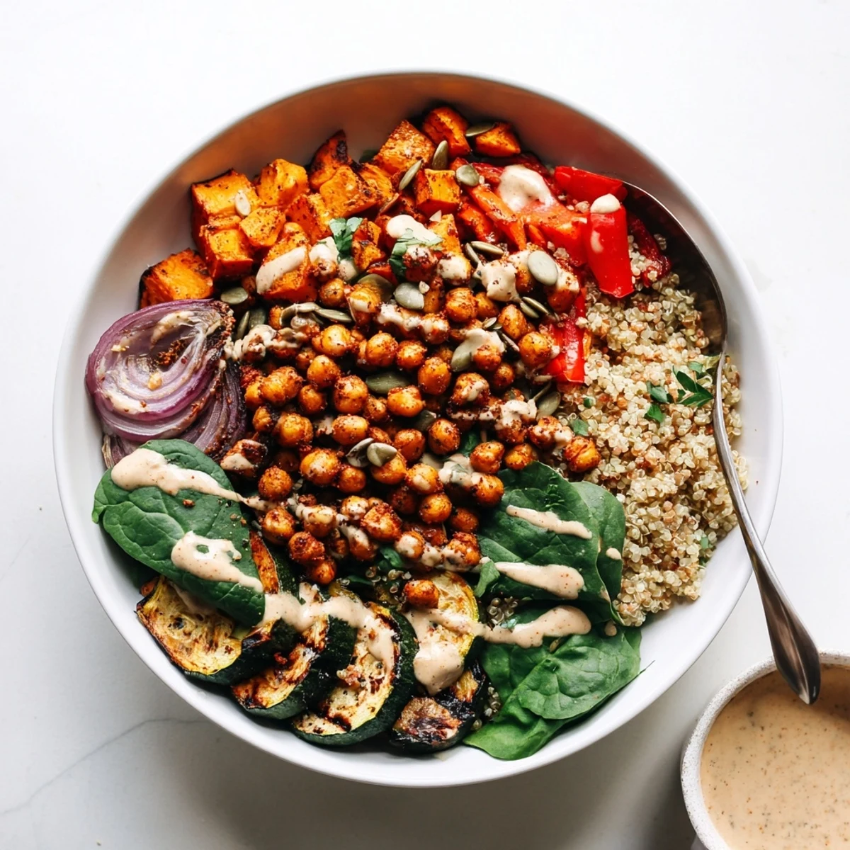 Plant-based roasted chickpea and veggie bowl topped with fresh greens pumpkin seeds and zesty lemon tahini sauce