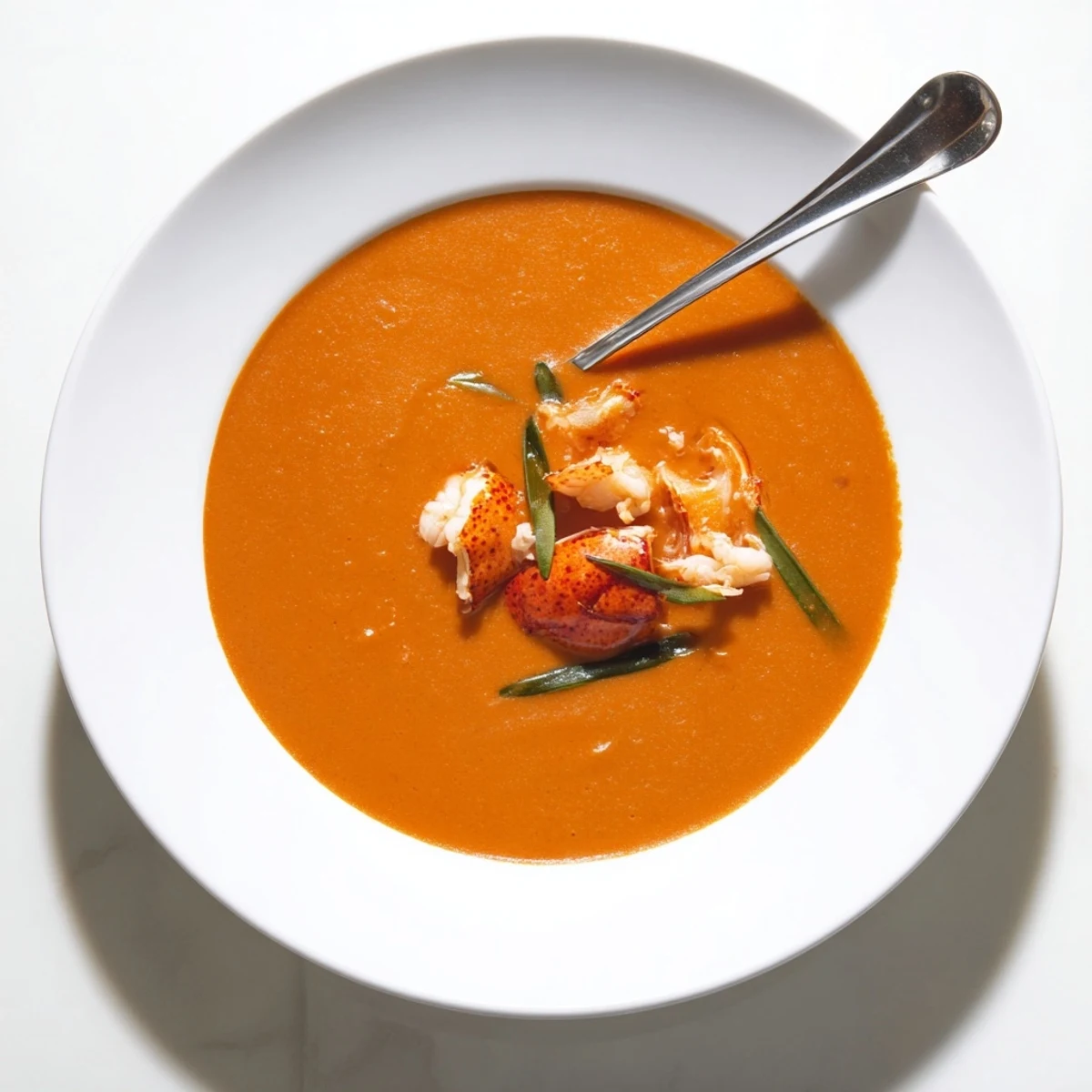 Creamy Gordon Ramsay lobster bisque featuring smooth red-orange soup with chunky lobster meat and herb topping