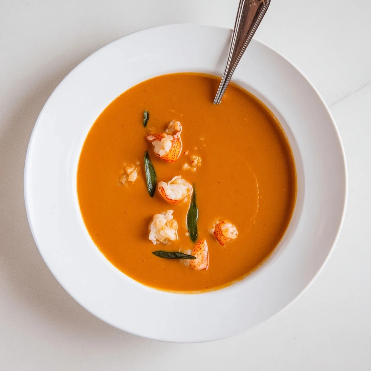 Elegant Gordon Ramsay lobster bisque served piping hot with succulent lobster pieces and delicate green tarragon
