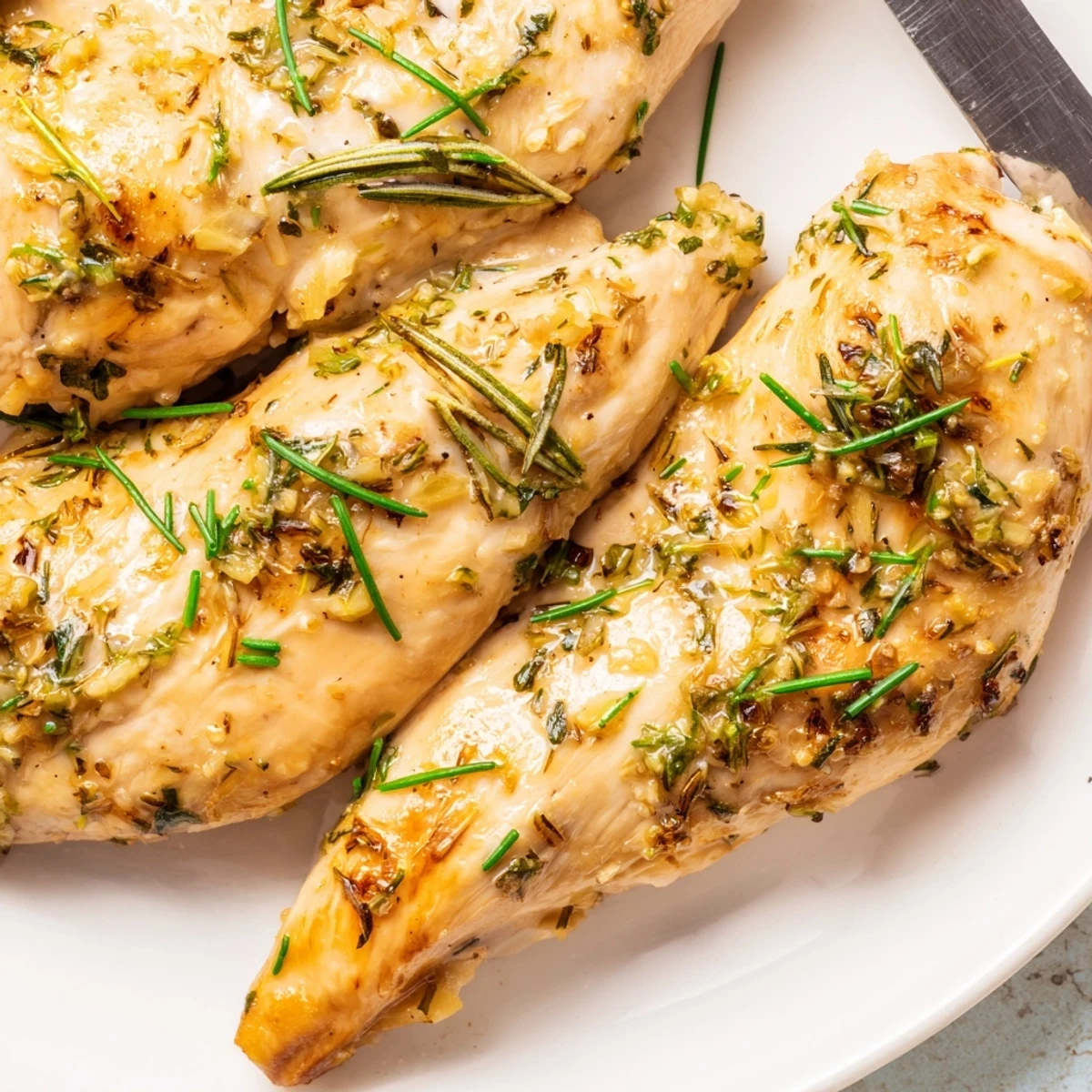 Golden roasted spring garlic herb chicken with fresh parsley, thyme, and rosemary