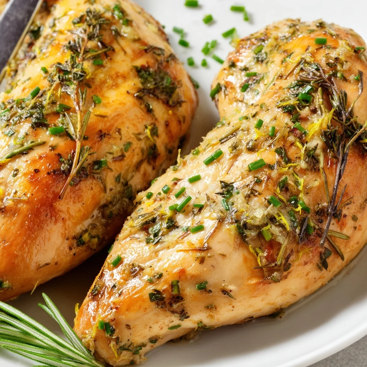 Sliced spring garlic herb chicken garnished with chives and fresh lemon wedges