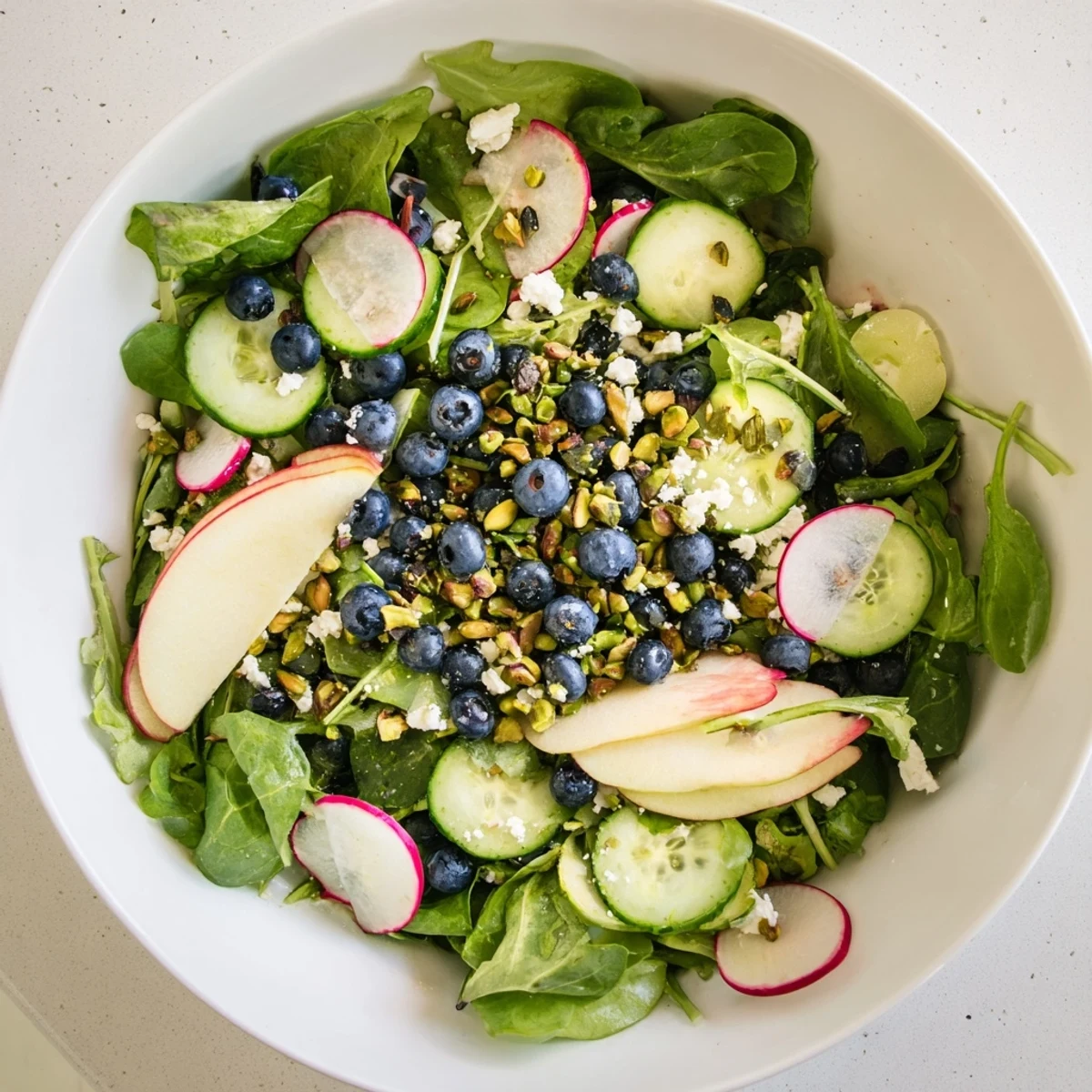 Fresh blueberry pistachio spring salad with crisp greens, crumbled feta, and light lemon dressing drizzled over the vibrant bowl