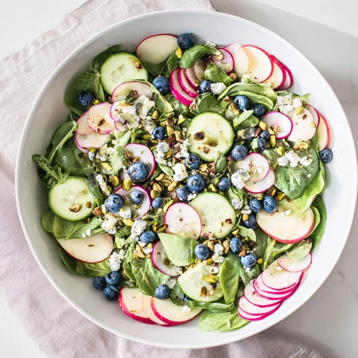 Colorful blueberry pistachio spring salad featuring sweet berries, crunchy nuts, thinly sliced radishes, and creamy feta cheese topping