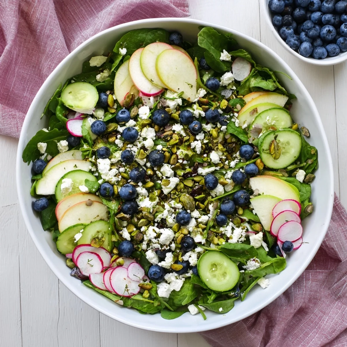 Bowl of blueberry pistachio spring salad topped with chopped pistachios, fresh cucumber slices, and bright blueberries on mixed greens