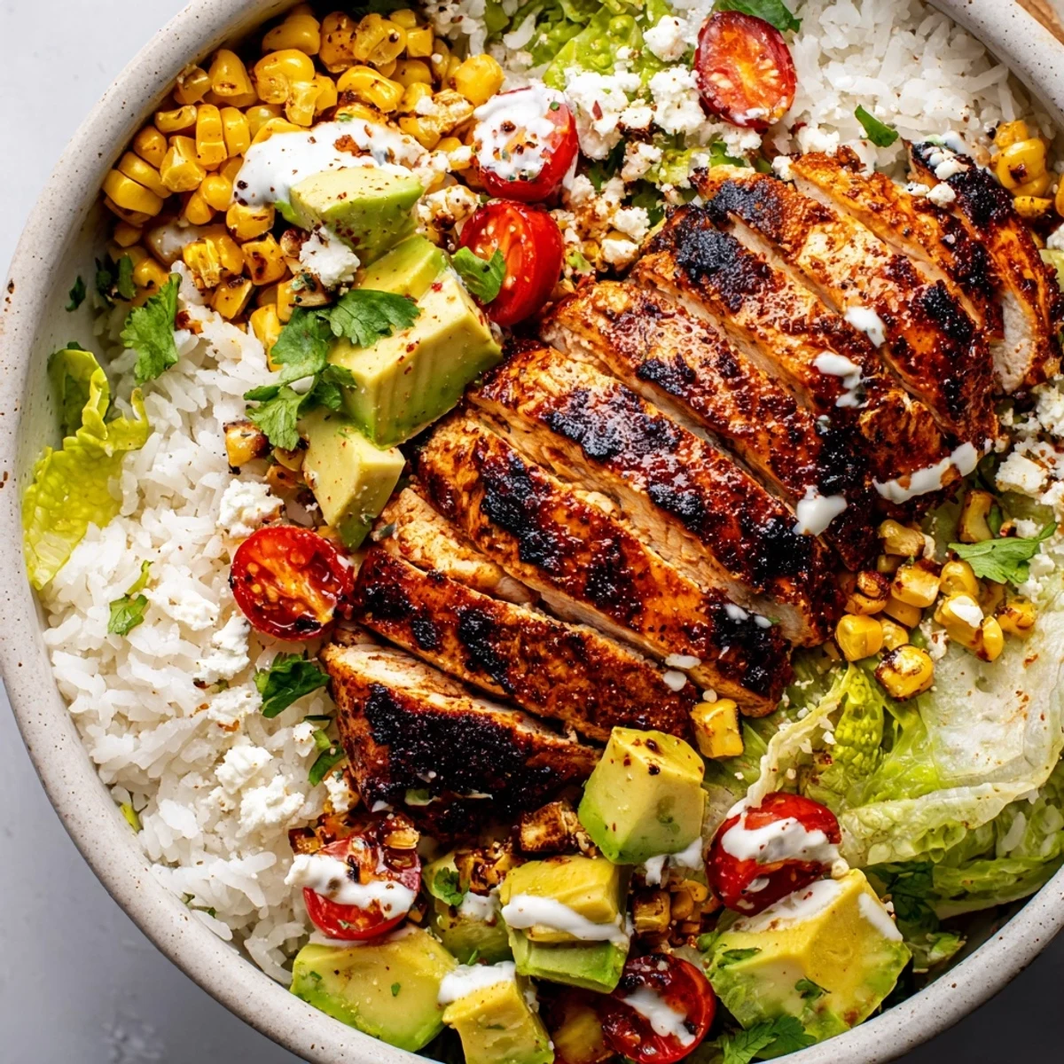 Colorful street corn chicken bowl featuring grilled chicken slices over roasted corn and fresh vegetables