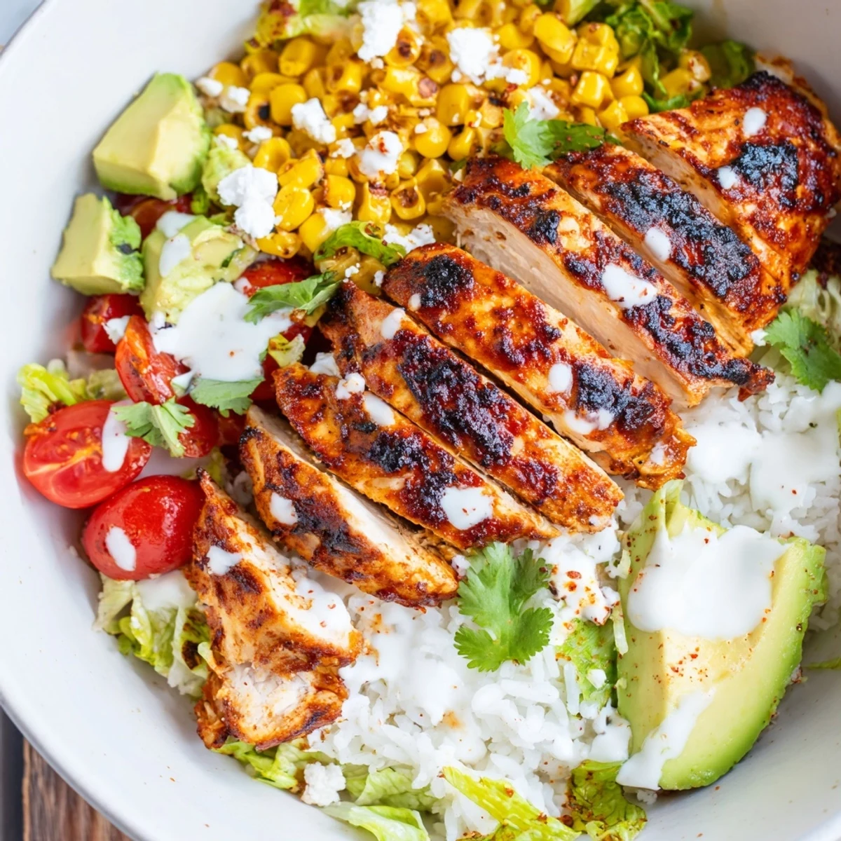 Heaping bowl of spicy street corn chicken with avocado, tomatoes, and cilantro garnish
