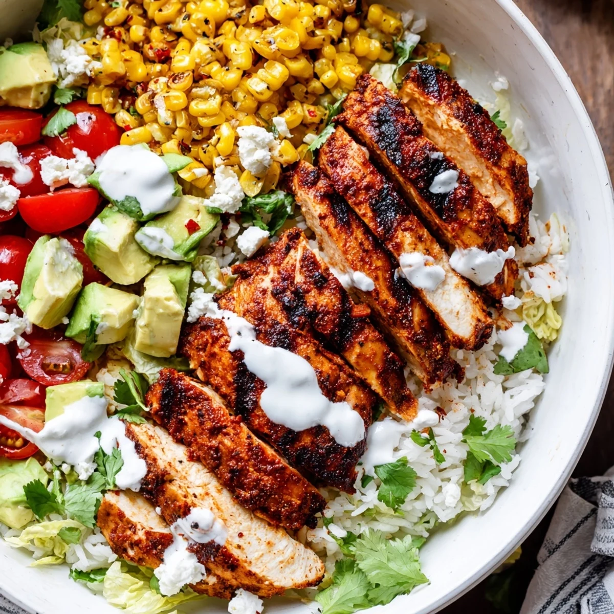 Mexican-inspired street corn chicken bowl topped with creamy cotija cheese and zesty lime crema drizzle