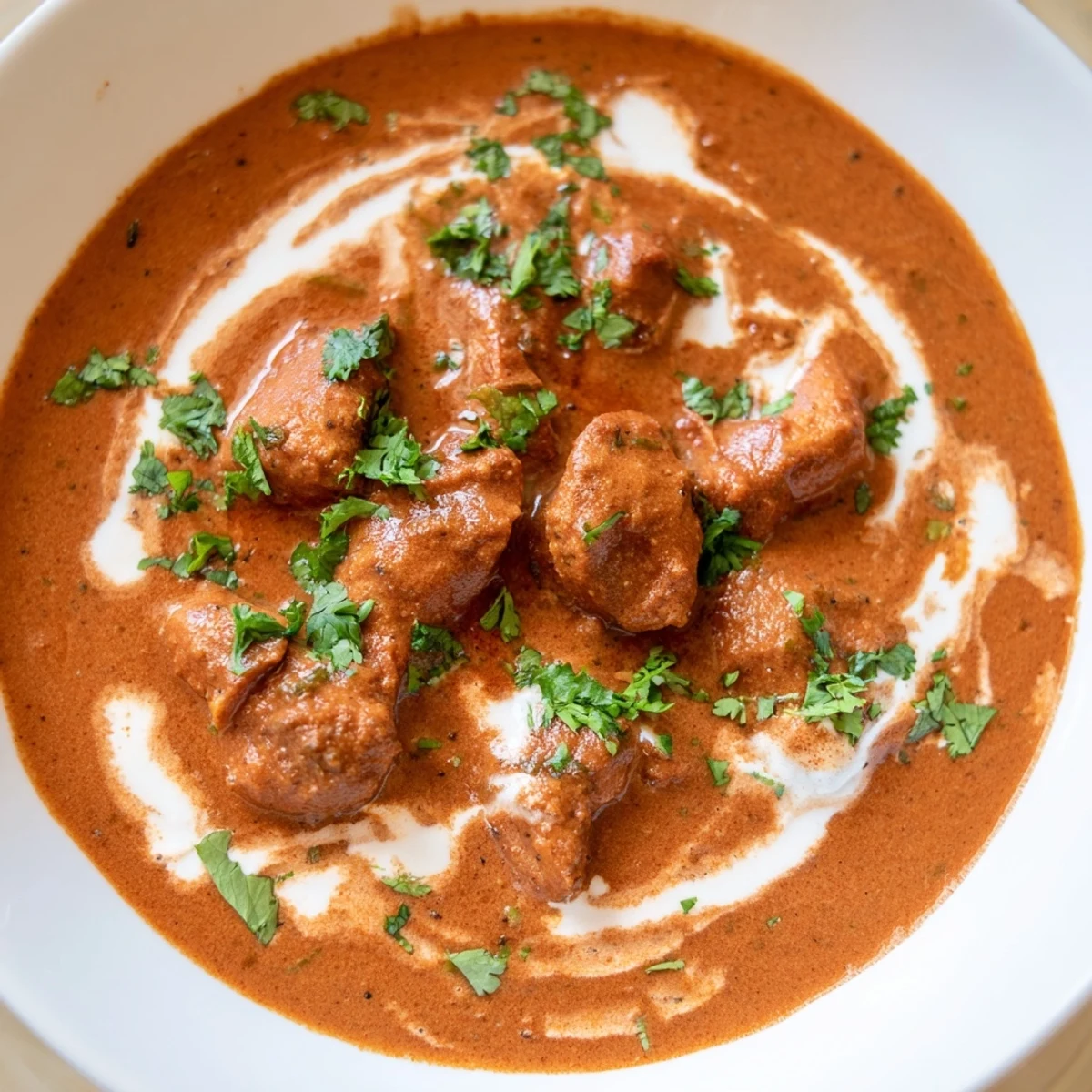 Creamy butter chicken served in a white bowl garnished with fresh cilantro over rice