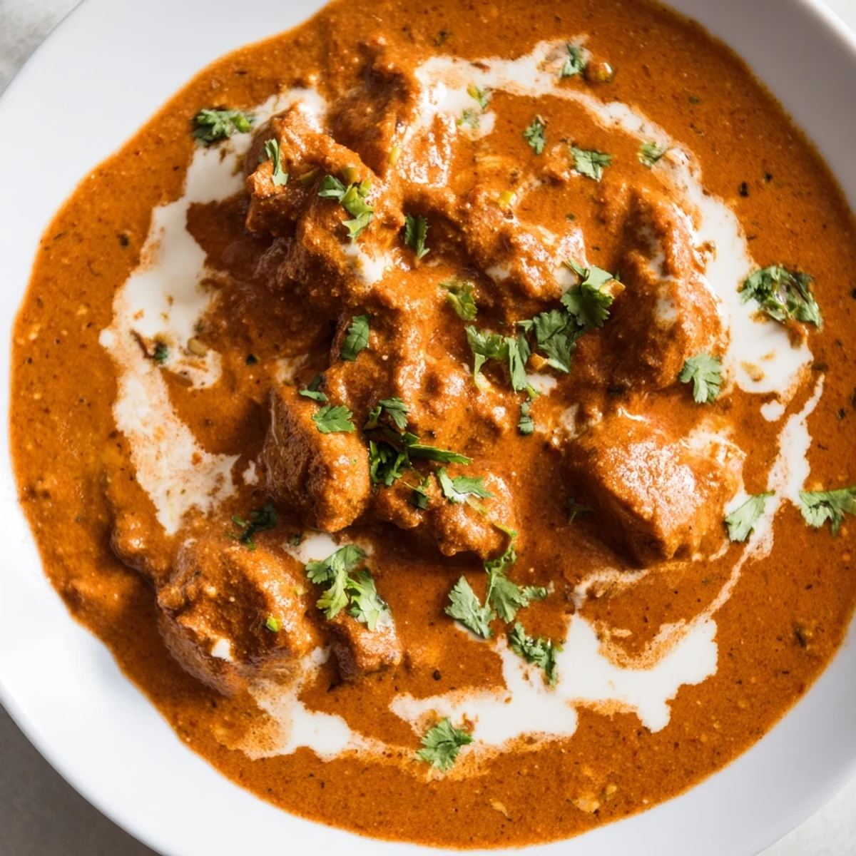 Golden brown butter chicken pieces swimming in velvety orange curry sauce with naan bread