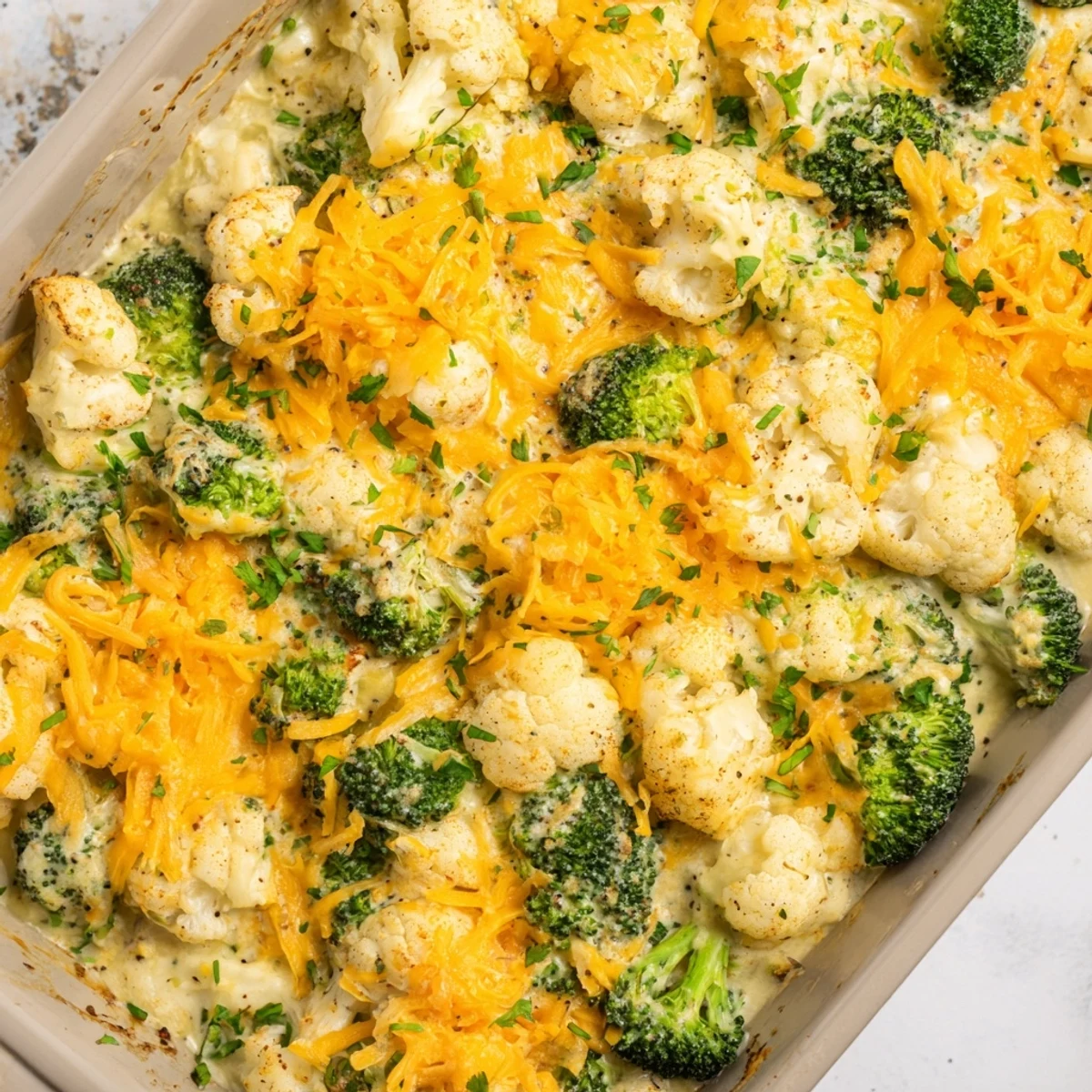 Golden and bubbly keto broccoli cauliflower bake fresh from the oven with melted cheddar cheese topping