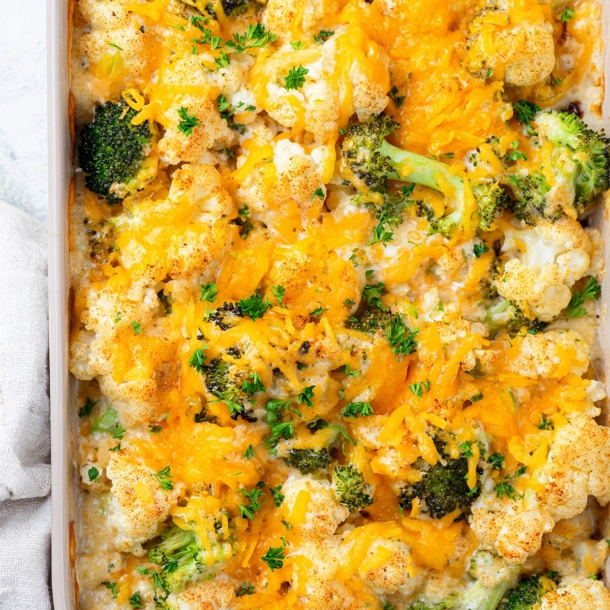 Creamy low carb casserole dish featuring tender broccoli and cauliflower florets coated in rich cheese sauce