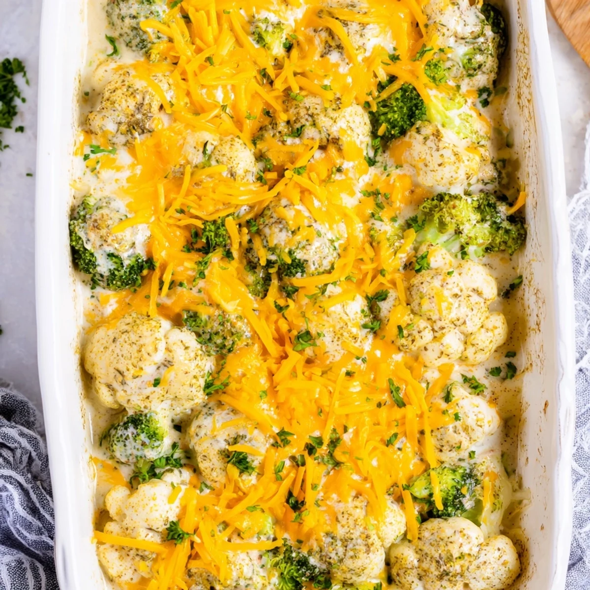 Homemade keto broccoli cauliflower bake served in a white baking dish with chopped parsley garnish