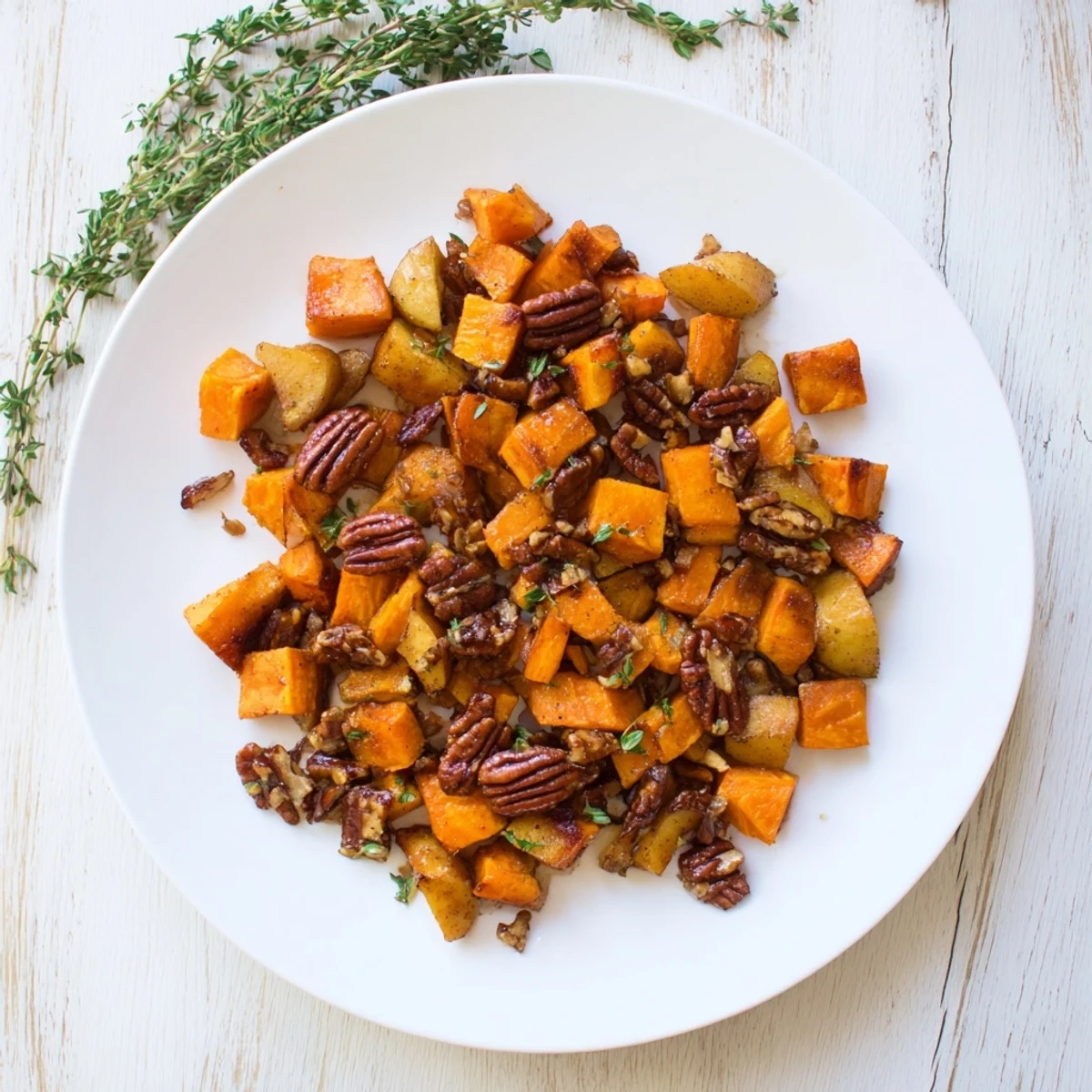 Golden roasted sweet potatoes and apples glistening with warm cinnamon maple glaze on a white serving platter