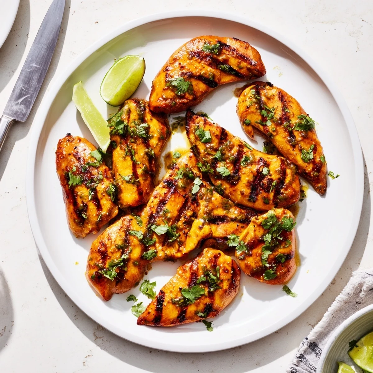 Golden grilled mango chicken garnished with fresh cilantro and lime wedges on a white plate