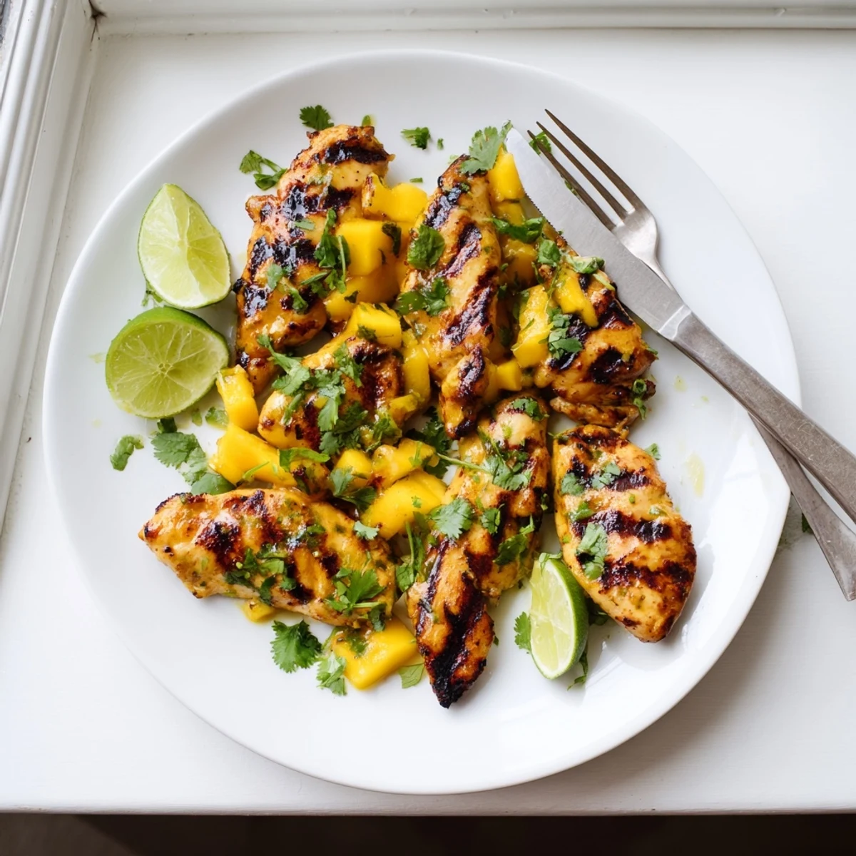 Tender chicken breasts glazed with sweet mango marinade showing beautiful grill marks from the barbecue