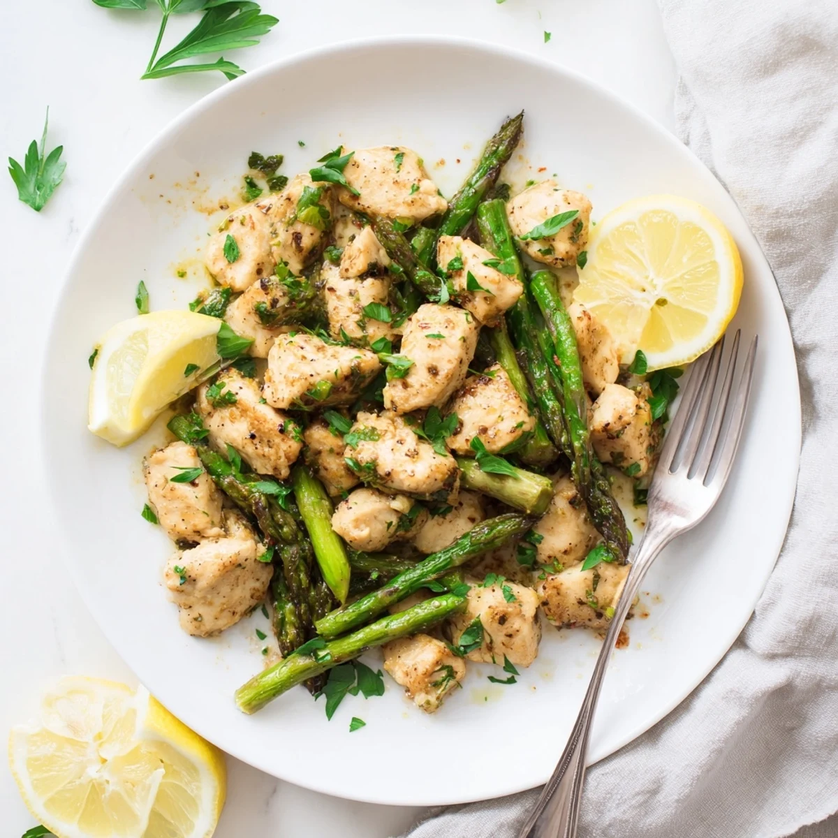 Golden chicken pieces and crisp asparagus tossed in a rich garlic butter sauce