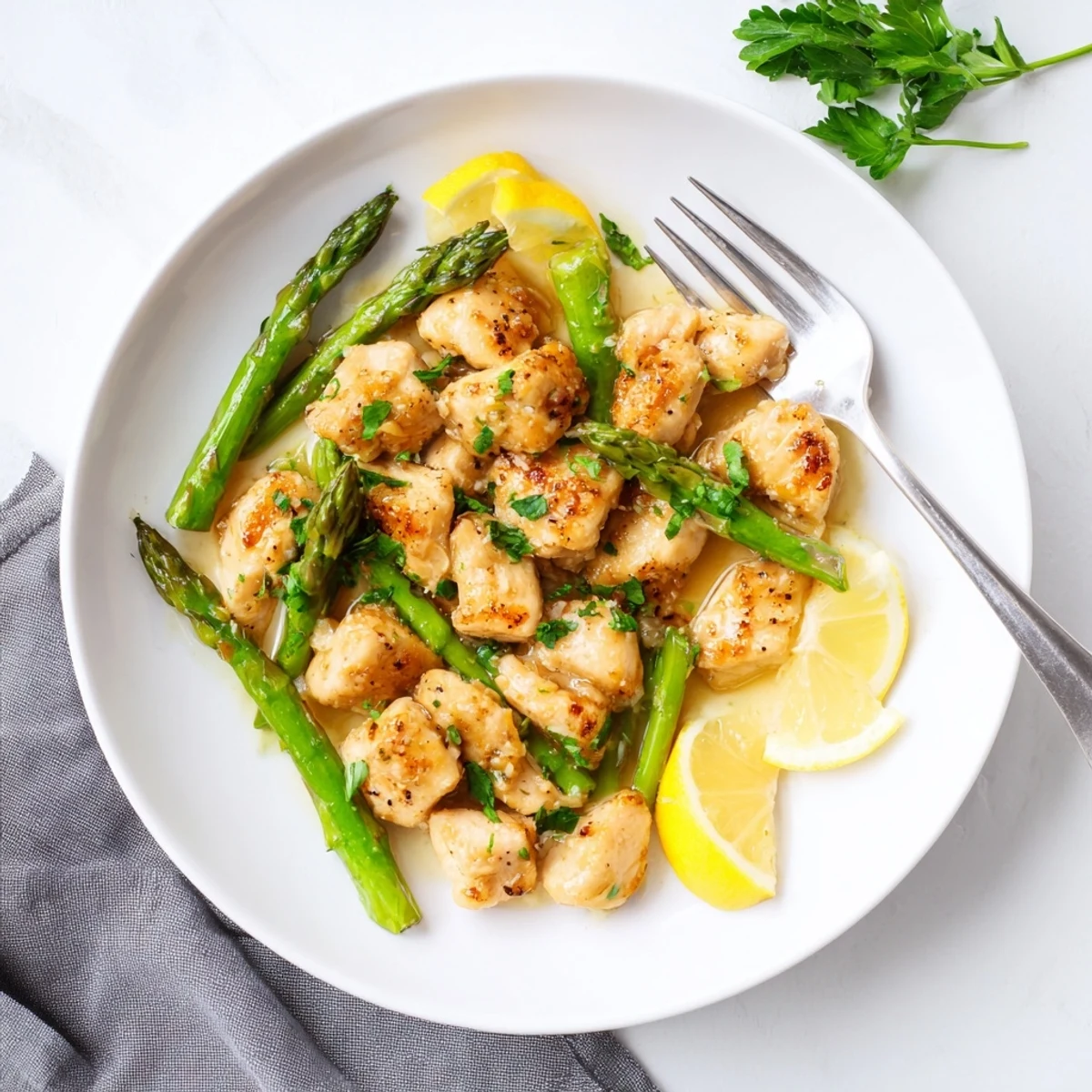 Savory garlic butter chicken bites with asparagus served on a white dinner plate